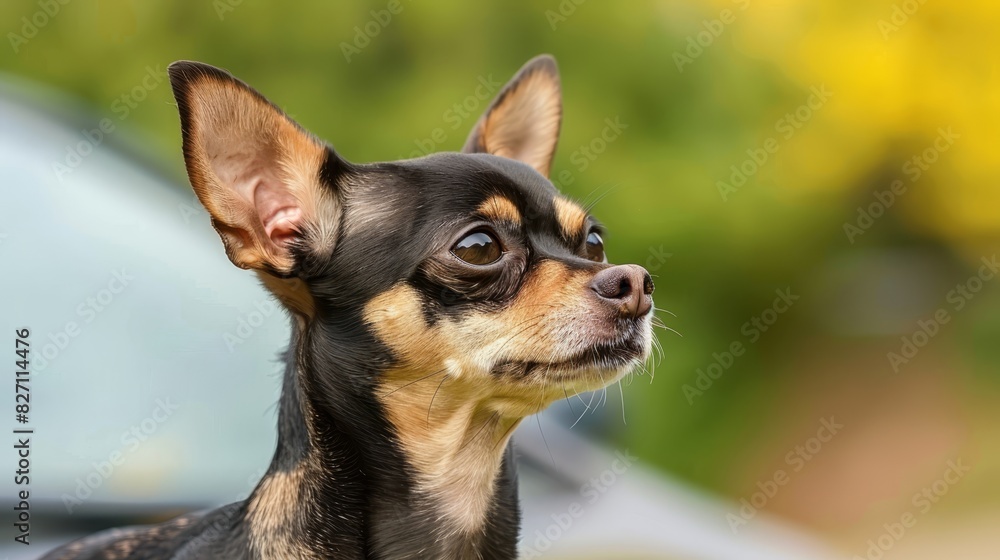 A tight shot of a small dog, car in the distance, and a tree behind it Background softly blurs with another car passing by A tight shot of a small dog, car in the distance, and a tree behind it Background softly blurs with another car passing by
