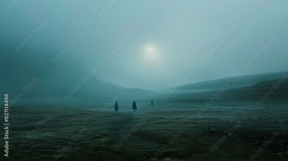 Fototapeta premium A group of people are wandering through a misty landscape