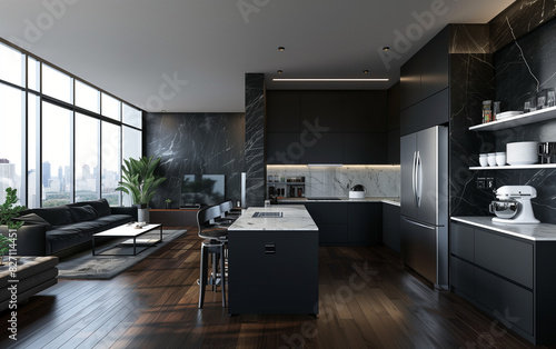 Modern kitchen interior with black and white colors  modern home decor design  photorealistic rendering  interior view of apartment  interior decoration  apartment interior concept  living room and di