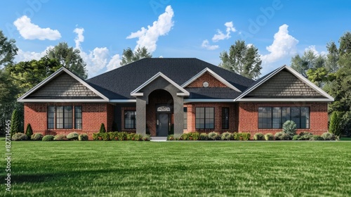 front view of a one-story red brick home with a black roof and green grass in the front yard against a blue sky. © sania