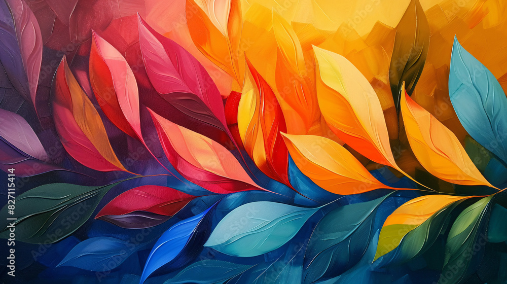 Modern oil painting with a vibrant abstract leaf design Modern oil painting with a vibrant abstract leaf design