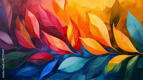 Modern oil painting with a vibrant abstract leaf design
