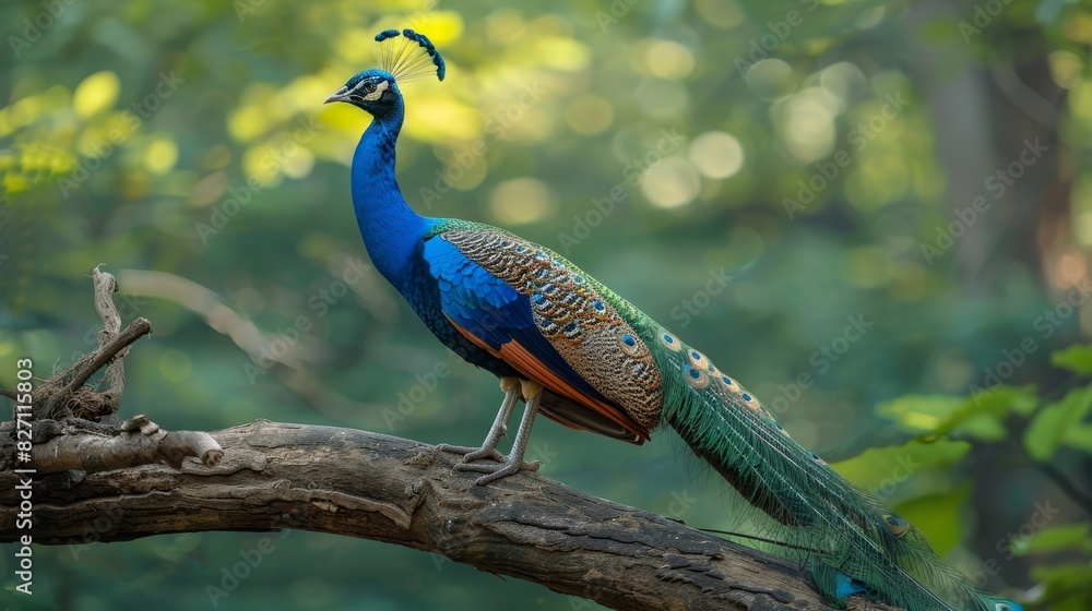 Obraz premium A peacock perched on a tree branch, amidst a lush forest teeming with numerous green leaves A bird with an elongated tail stood alongside