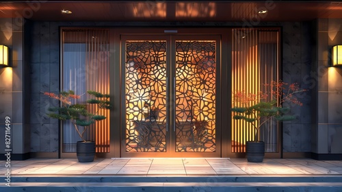 See a flat design of a glass door with decorative decals photo