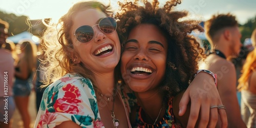 Two young women are hugging each other at an outdoor music festival. They are both smiling and wearing summer clothes.