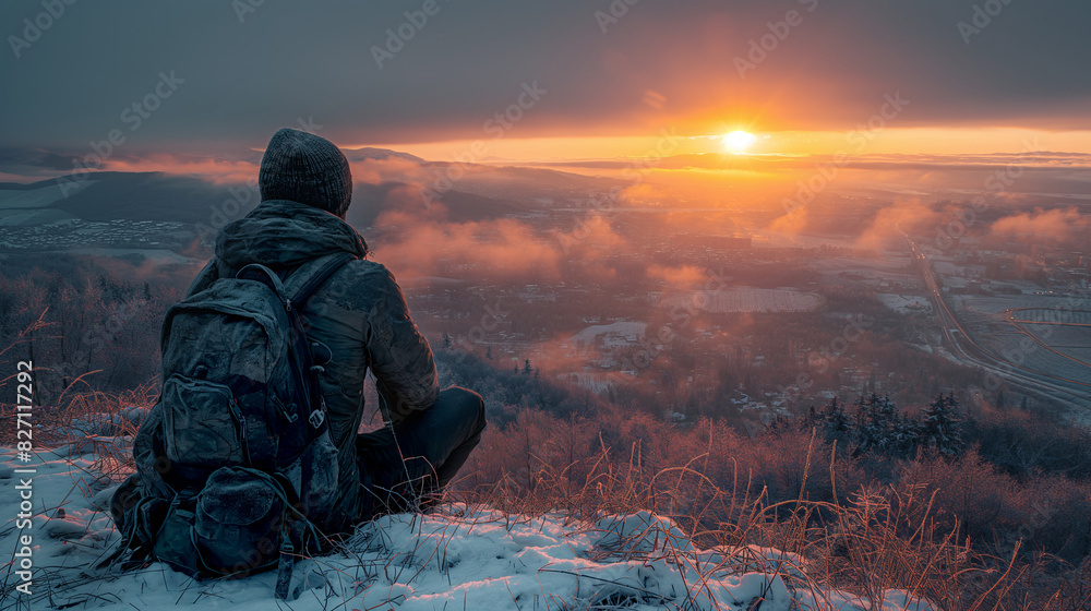 A man with backpack sitting at the top of a mountain watching down to the city A man with backpack sitting at the top of a mountain watching down to the city