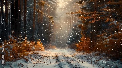 A gentle snowfall in a quiet forest, the scene bathed in soft, diffused light