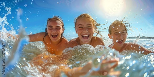 Three happy children are swimming in the ocean.