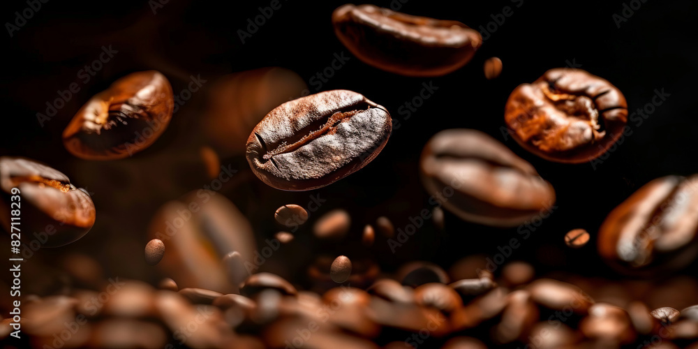 Fototapeta premium A closeup of coffee beans falling on dark background