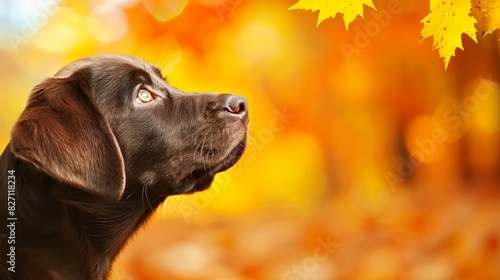  A tight shot of a dog's expressive face, foregrounded by a vibrant leaf Background comprises a tree adorned with yellow autumn leaves, its surroundings softly blurred photo