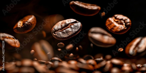 A closeup of coffee beans falling on dark background