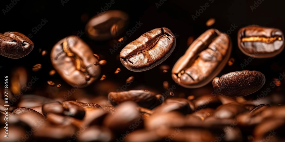 A closeup of coffee beans falling on dark background A closeup of coffee beans falling on dark background
