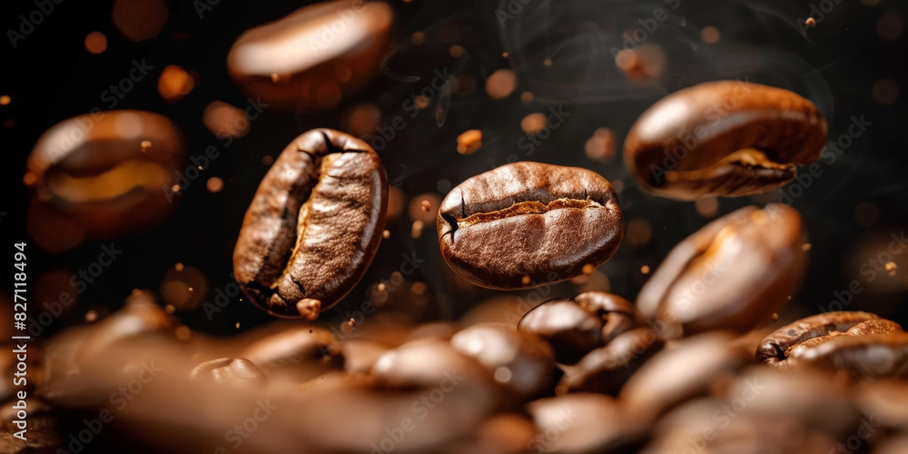 A closeup of coffee beans falling on dark background A closeup of coffee beans falling on dark background