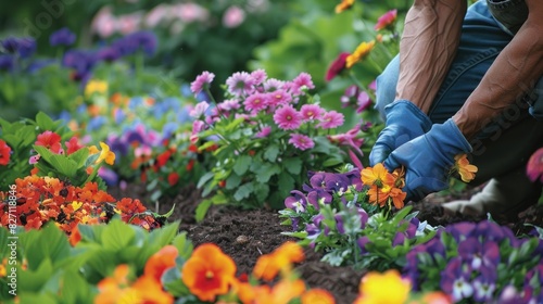 gardener planting flowers in garden bed © sania
