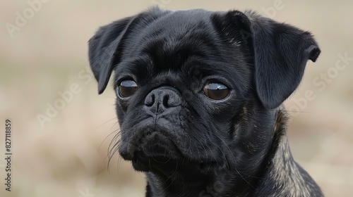  A tight shot of a melancholic Black Pug staring into the lens, surrounded by a hazy backdrop of grass © Mikus