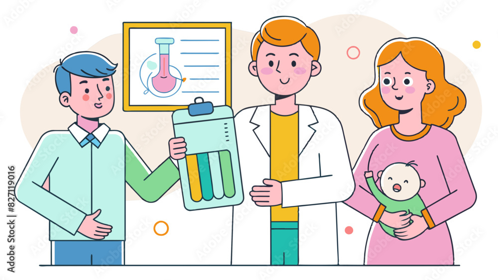 Pediatric Care Team Discussing Child's Health Chart with Family. Test tube babies reproduction Pediatric Care Team Discussing Child's Health Chart with Family. Test tube babies reproduction