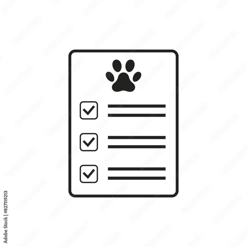 Pet Health Check List icon. Vector isolated Veterinary Care Checklist with Paw Print. Pet Health Check List icon. Vector isolated Veterinary Care Checklist with Paw Print.