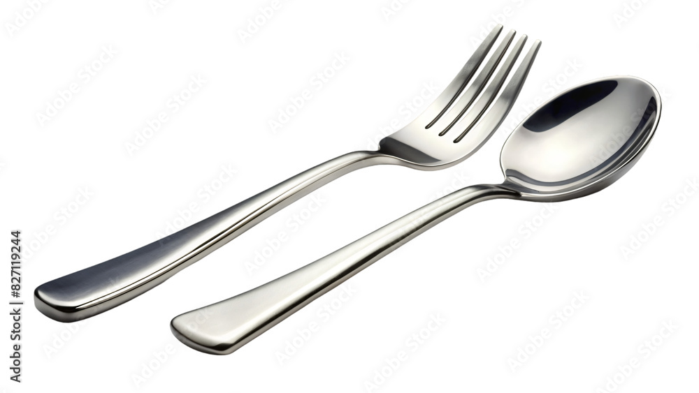 A shiny stainless steel spoon and fork, part of a silverware set for eating meals at a table A shiny stainless steel spoon and fork, part of a silverware set for eating meals at a table