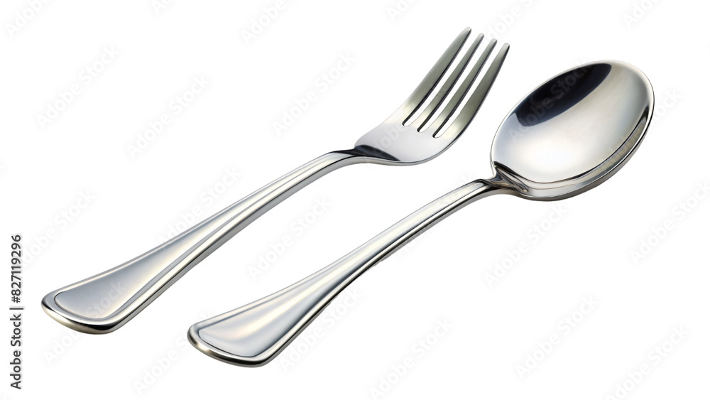 A shiny stainless steel spoon and fork, part of a silverware set for eating meals at a table A shiny stainless steel spoon and fork, part of a silverware set for eating meals at a table