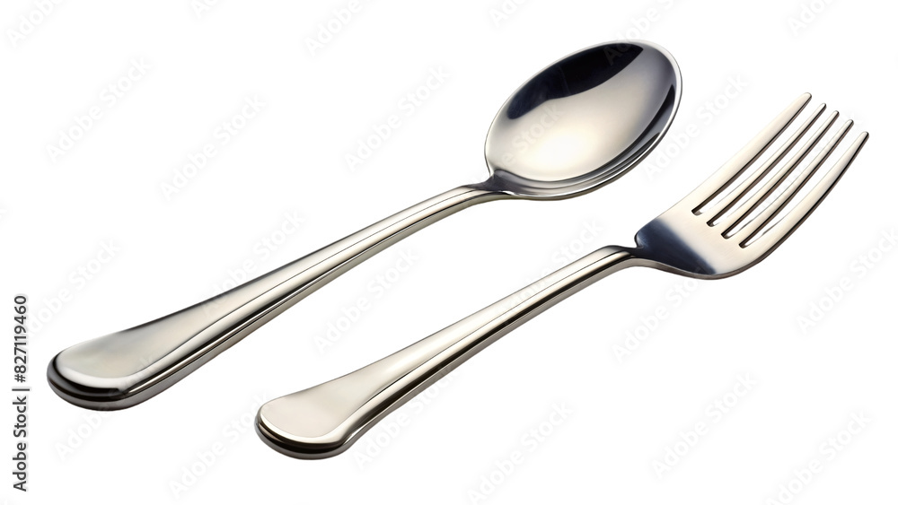 A shiny stainless steel spoon and fork, part of a silverware set for eating meals at a table A shiny stainless steel spoon and fork, part of a silverware set for eating meals at a table