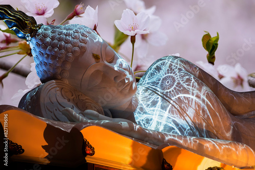 Nirvana white marble reclining Buddha, beautiful flower background