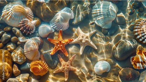 a collection of starfish and seashells in an array of colors, resting on smooth pebbles underwater