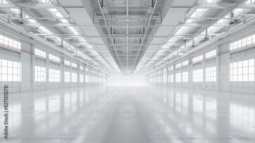 Minimalist white warehouse interior with an expansive, empty space and a pure white background, ideal for various setups