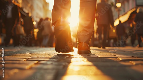 Businessman walking on the street with shoes in a closeup, blurred crowd in the background, golden hour light. Concept of success and business lifestyle. photo