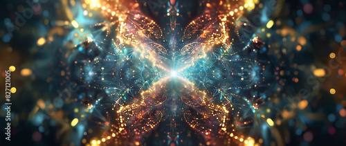 Abstract cyberspace image, 64:27 aspect ratio, spiritual, inspiration, artificial intelligence, neural networks, data, internet, binary, cloud computing, prompts, universe, yoga, etc.