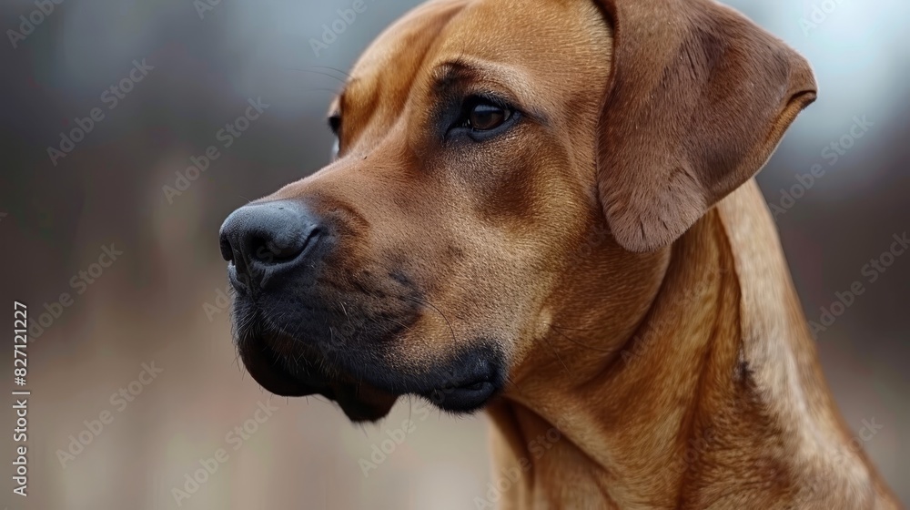  A tight shot of a dog's face with a soft-focus backdrop of its head, eyes gazing directly into the camera