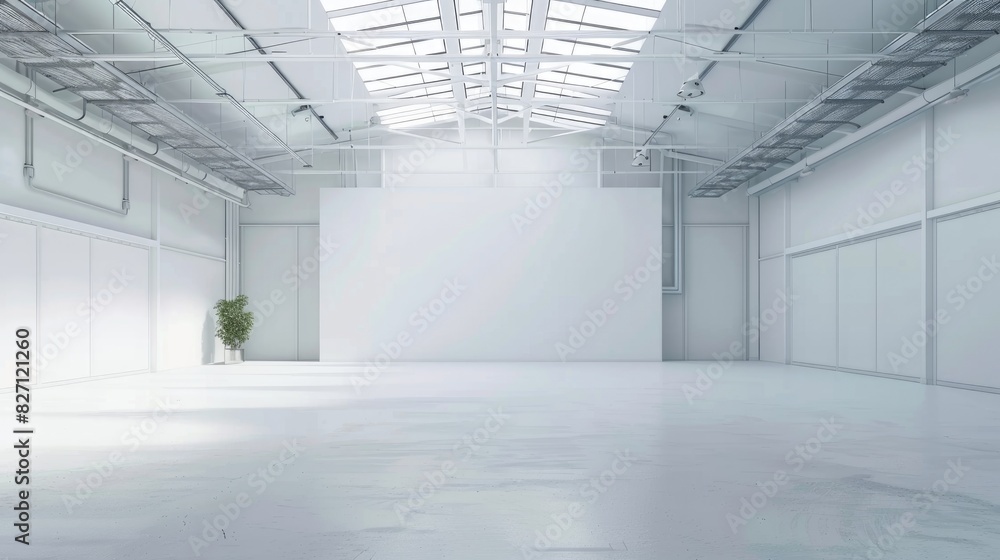 Pristine white warehouse with an open, empty interior and a clean white background, suitable for industrial applications Pristine white warehouse with an open, empty interior and a clean white background, suitable for industrial applications