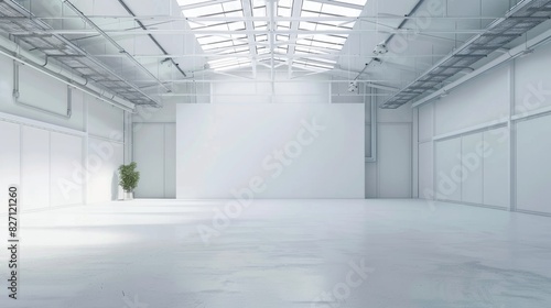 Pristine white warehouse with an open, empty interior and a clean white background, suitable for industrial applications photo