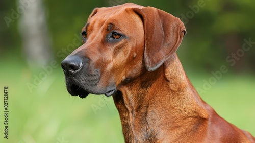  A large brown dog stands atop a lush, green grass-covered field Trees line the backdrop behind its head, while a green expanse stretches out as the background