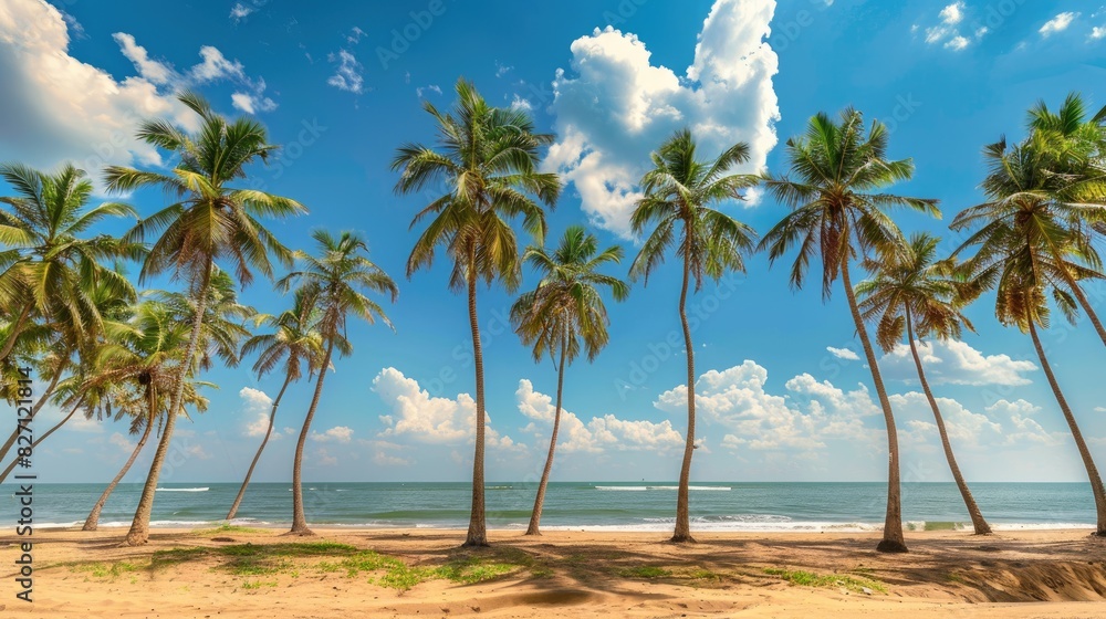 Fototapeta premium Panoramic beach scene with coconut palms and turquoise waters under a clear blue sky, perfect for vacation and relaxation themes.