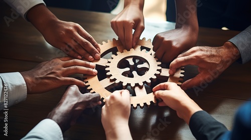 Hands close-up of group multiethnic business people connect wooden gears in the center. Arial view. Success cooperation teamwork concept, connection technology concept