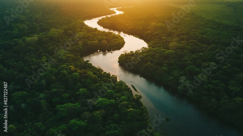 Aerial view of a river in a tropical forest, a top down aerial photo of the Amazon rainforest showing a winding river and green trees at sunset, a natural background concept for ecology or environment