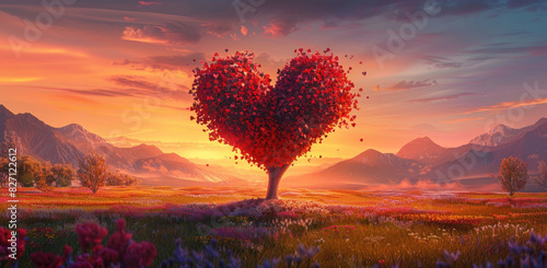 A heart-shaped tree in the center of an idyllic landscape, bathed in the warm glow of sunset, symbolizing love and connection. Created with Ai photo