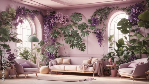 A living room with pink walls couch and large windows.