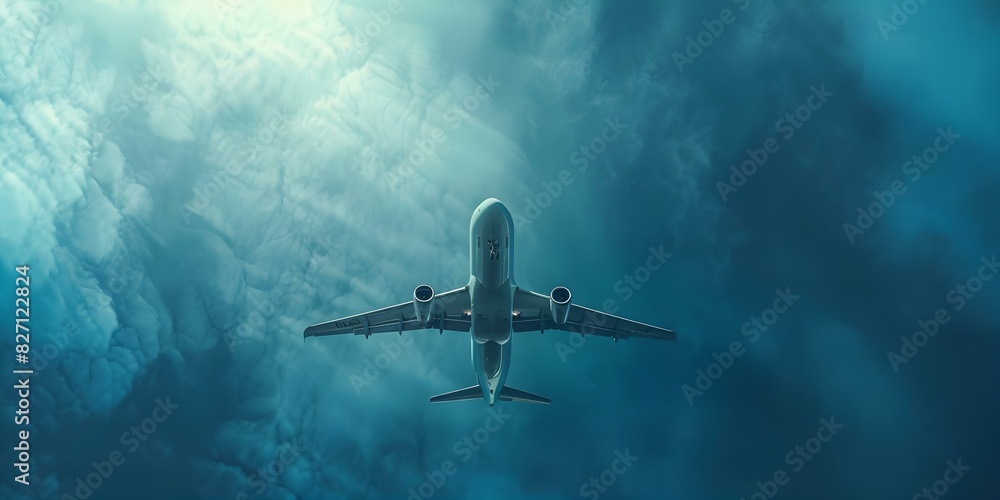 Fototapeta premium The Symbolism of Freedom: A Large Airplane Soaring Through a Serene Blue Sky. Concept Aviation, Freedom, Travel, Serenity, Symbolism,