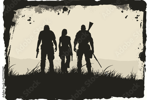 Silhouettes of three strong, brave women standing together, representing sisterhood and female friendship