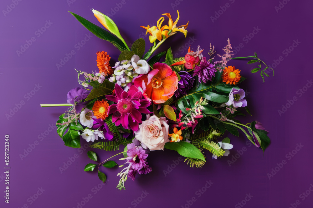 Obraz premium Vibrant Floral Arrangement on Purple Background Featuring Various Colorful Blooms and Greenery