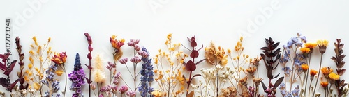A row of dried flowers and pressed plants isolated on white background, purple yellow brown tones, flat lay photo