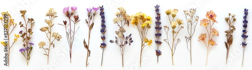 A row of dried flowers and pressed plants isolated on white background, purple yellow brown tones, flat lay