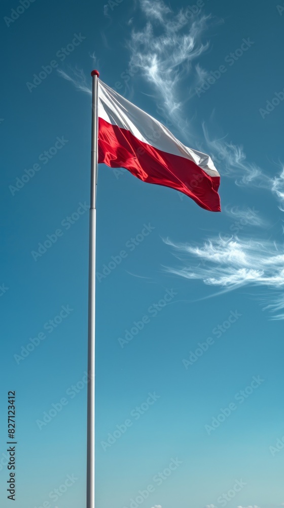 Poland flag on a flagpole against a blue sky Poland flag on a flagpole against a blue sky