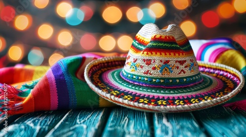  A vibrant Mexican sombrero sits atop a weathered wooden table Nearby, a vivid blanket lies rolled, and strings of lights hang in the background of the room