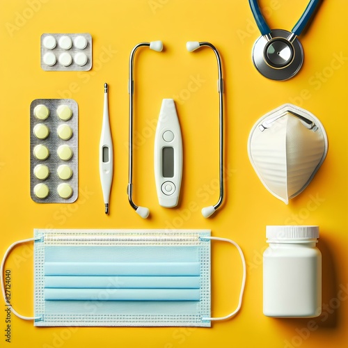 Medical Supplies on Yellow Background, s, including a stethoscope, thermometer, two surgical masks, a pill bottle, and two blister packs of pills photo