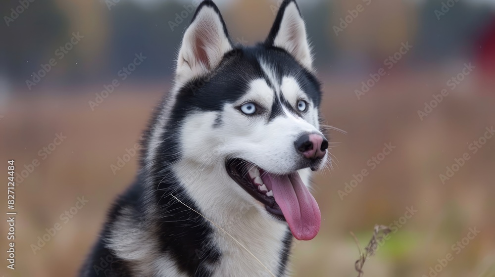  A Husky, colored black and white, stands in a tall grass field Its blue eyes gaze intently at the camera, while its tongue hangs out of its mouth
