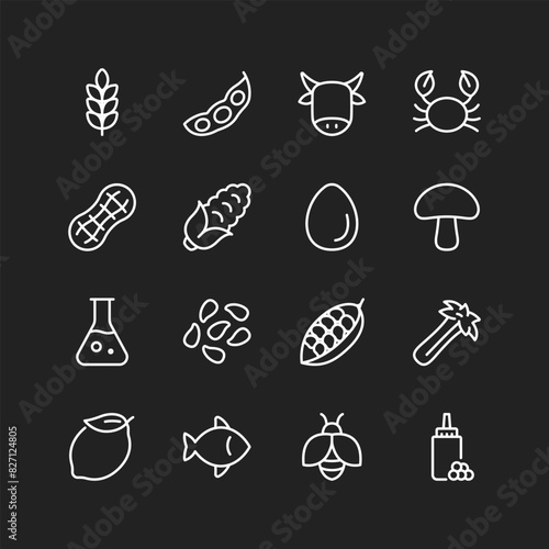 Food allergen icons, white lines on black background. Common allergens to avoid - gluten, soy, milk, shellfish, peanuts, citrus. Warnings for allergies. Customizable line thickness.