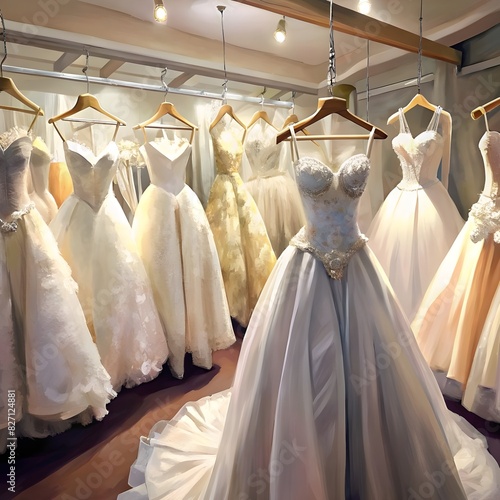 closeup wedding dresses hanging on hanger in brida