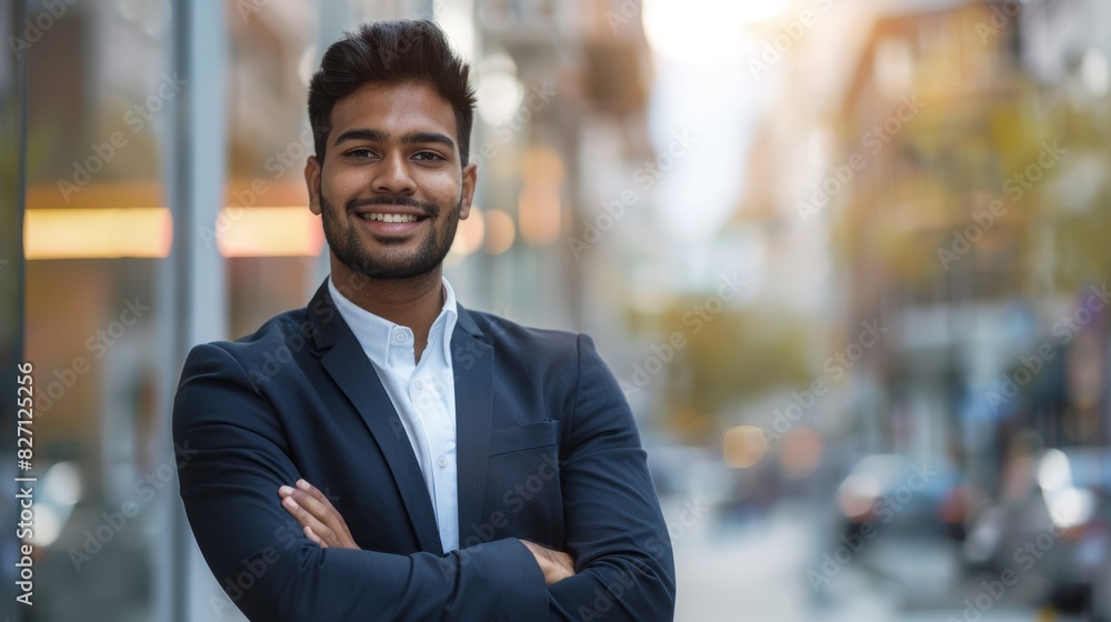 Confident Young Man in Business Suit Smiling on Urban Street in Late Afternoon Confident Young Man in Business Suit Smiling on Urban Street in Late Afternoon
